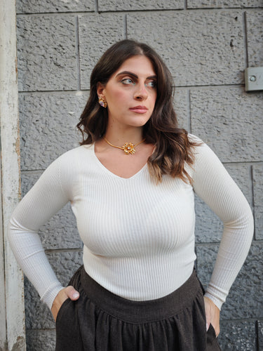 Maglia Scollo A V Panna